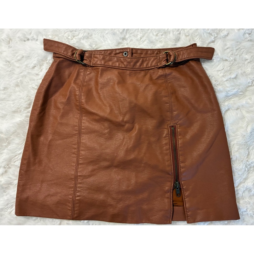 Free People Brown Vegan Leather Mini Skirt Belted Side Zip Cognac Size 0